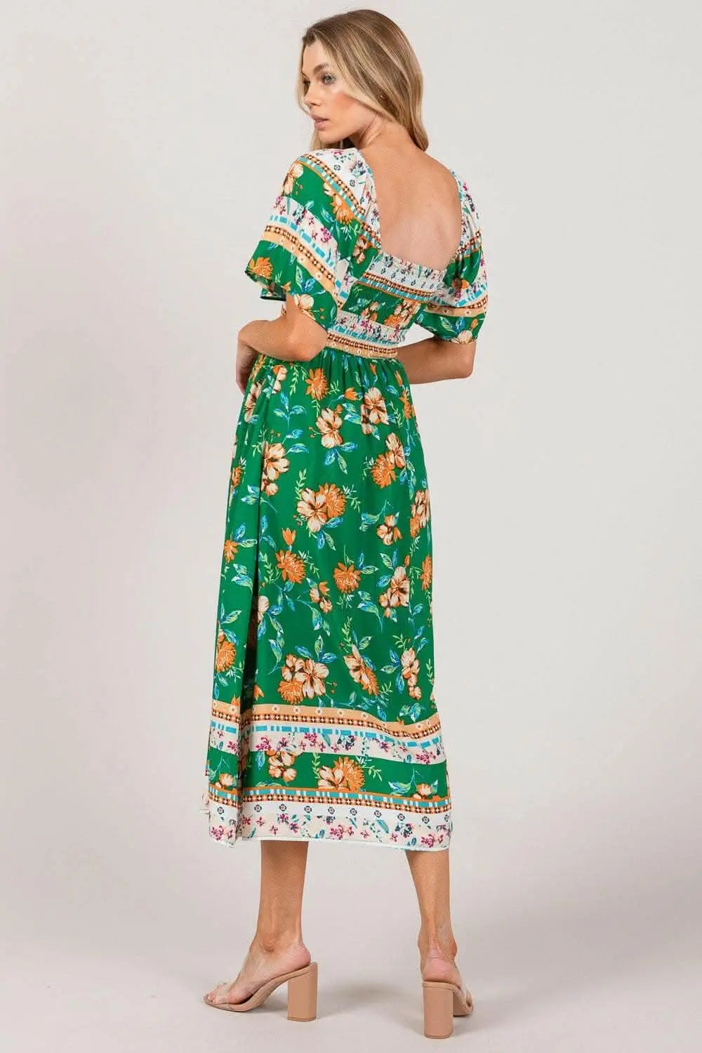 Sage and Fig Floral Print Midi Dress with Smocked Sleeves - Love Salve